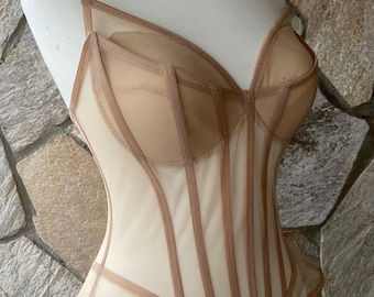 Corset transparent/ cat ear corset/ beige /  corset top/ lingerie bustier/ wedding/ handmade/