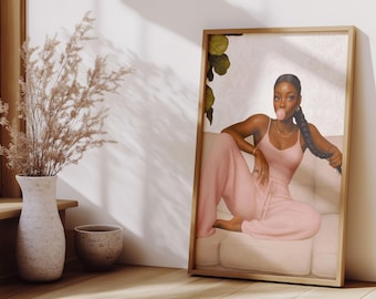 Black Woman Art | Wall Art | Bubble Gum Poster | Home Decor | Cozy Pink Black Girl Art