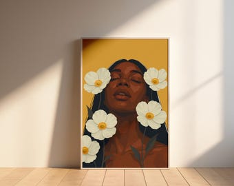 Blomstertryck med svart kvinna: Modern minimalistisk heminredning (digital nedladdning)