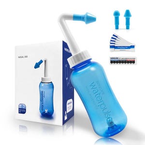 May include: A blue nasal rinse bottle with a white applicator and two additional blue tips. The product is labelled "Waterpulse" and "Nasal Rinse Bottle." The box reads "Nasal 300" and includes packets of nasal rinse salt and a temperature strip.