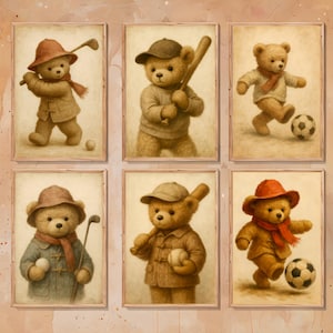 Vintage Teddy Bear Sports Poster Set Kidsroom Wall Art Soccer, Baseball & Golf Wall Art Kids Room Prints, Playroom Artwork, Boys Room Poster