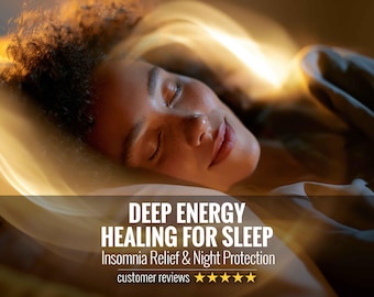 May include: A person with curly hair sleeping peacefully on a pillow, surrounded by a warm golden glow. Text overlay reads: DEEP ENERGY HEALING FOR SLEEP, Insomnia Relief & Night Protection, customer reviews, followed by five yellow star icons.