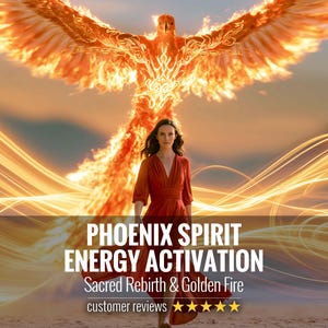 May include: A person in a long red dress standing before a large, glowing phoenix made of orange and yellow flames. The text PHOENIX SPIRIT ENERGY ACTIVATION Sacred Rebirth & Golden Fire is overlaid, along with five yellow stars representing customer reviews.