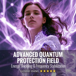 May include: A digital illustration featuring a person surrounded by a glowing purple energy field with network nodes. Text reads: ADVANCED QUANTUM PROTECTION FIELD, Energy Shielding & Frequency Stabilization, and customer reviews with five stars.