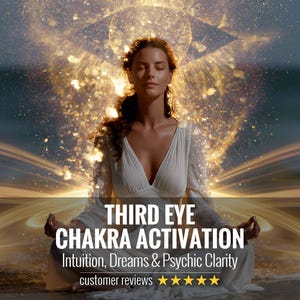 May include: A person in a white dress sitting in a meditative pose with eyes closed. Above the person is a glowing golden eye symbol. The text reads: THIRD EYE CHAKRA ACTIVATION Intuition, Dreams & Psychic Clarity customer reviews with five stars.