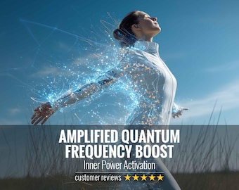May include: A person wearing a white zip-up jacket with arms outstretched, surrounded by blue and white glowing light particles. The text reads: AMPLIFIED QUANTUM FREQUENCY BOOST, Inner Power Activation, and five yellow stars for customer reviews.