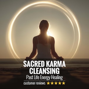 Peut inclure: Silhouette d'une personne en robe blanche méditant sur une plage au coucher du soleil. Une lumière circulaire et brillante encadre la personne. Le texte indique "Sacred Karma Cleansing, Past Life Energy Healing" avec des avis clients.