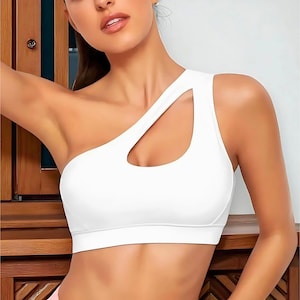 One Shoulder Sports Bra: Running Yoga Top - Push Up Support