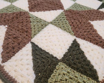 Handmade Crochet Star Quilt Blanket | Eight Point Star Afghan | Rustic Farmhouse Throw | Green Brown Cream Crochet Blanket | Cabin Style