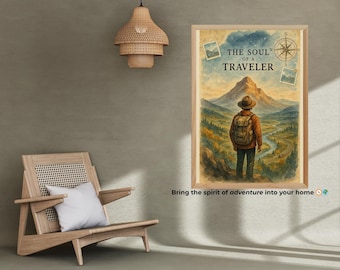 May include: Watercolor print titled "The Soul of a Traveler" featuring a person with a backpack looking at a mountain landscape. The artwork includes a compass and small photo-like images. The print is in a wooden frame.