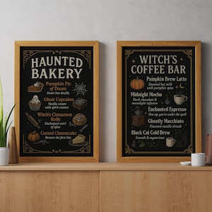 May include: Two framed chalkboard signs with wooden frames. One reads "Haunted Bakery" with menu items like "Pumpkin Pie of Doom" and "Ghost Cupcakes." The other says "Witch's Coffee Bar" with "Pumpkin Brew Latte" and "Midnight Mocha."