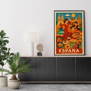 Spain Travel Poster – Flamenco Dancer & Paella Print, Spanish Wall Art, Printable Kitchen, Home Decor