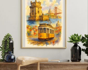 Lisbon Travel Poster – Vintage Yellow Tram Watercolor Print (Digital Download)
