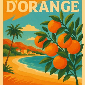 Póster de viaje de la Costa de Orange (Riviera Francesa), lámina naranja para pared, póster retro de playa de verano, descarga digital (5 tamaños incluidos)
