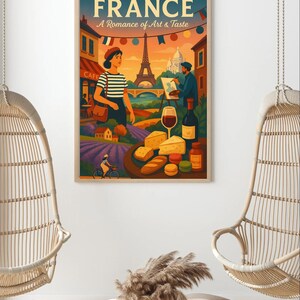 Póster de viaje a Francia: arte mural francés vintage, impresión de la Torre Eiffel de París, decoración de cocina con queso y vino, descarga de arte imprimible