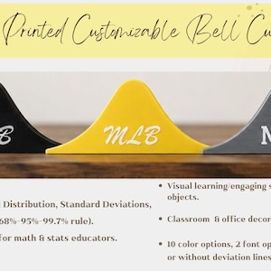 May include: Three 3D printed bell curve models in black, yellow, and gray, each featuring the text MLB in white. The objects are shaped like a normal distribution curve and are designed for educational use in statistics and mathematics settings.