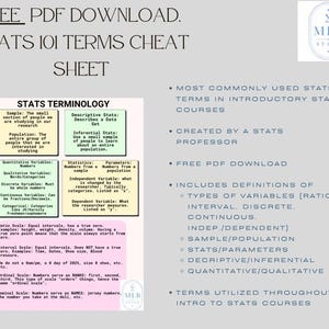 Puede incluir: Una hoja de trucos de términos de estadísticas 101 con definiciones de términos estadísticos, incluidas variables y escalas. Diseñado para cursos introductorios de estadística y disponible como descarga gratuita en PDF.