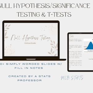 Op de afbeelding: Een laptop en tablet tonen educatieve inhoud. Het laptopscherm toont "Null Hypothesis Testing" met bloemaccenten. De tablet toont een grafiek en tekst over tests. Tekst bevat "20+ eenvoudig geformuleerde dia's met aantekeningen" en "Gemaakt door een statistiekprofessor."