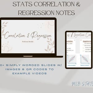 May include: A laptop and tablet display educational notes on correlation and regression. The laptop screen shows "Correlation & Regression" with floral accents. The tablet displays graphs illustrating positive and negative correlation. Text includes "20+ Simply Worded Slides".