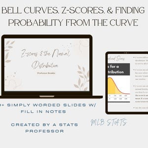 May include: A laptop and tablet display educational content. The laptop screen shows "Z-scores & the Normal Distribution" with floral accents. The tablet displays a graph. Text includes "20+ Simply Worded Slides" and "Created by a Stats Professor."