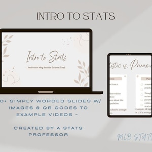 Può includere: Un laptop e un tablet mostrano contenuti didattici. Lo schermo del laptop mostra "Intro to Stats" con il nome del professore. Il tablet mostra "Statistic vs. Parameter". Il testo include "20+ Simply Worded Slides" e "Created by a Stats Professor."
