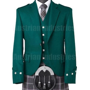 Men&#39;s Scottish Green Colour Argyle Kilt Jackets | Kilt Jacket With Vest |  Handmade Serge Wool Wedding Coat |  Chest Size 34&quot; to 54 Inches