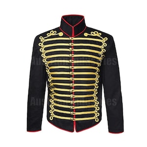 Men&#39;s John smith Gold Embroidery Black Military Jacket | Military Drummer Parade Hussar Jacket | Handmade fashion braid Hussar jacket