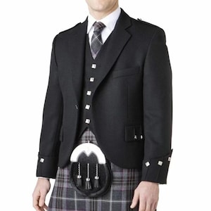 Herren Scottish Black Argyle Jacke | Kilt Jacke mit Weste |  Schottischer Woll-Hochzeits-Mantel |  Brustumfang 86cm bis 138cm