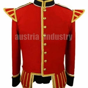 May include: A red military-style jacket with gold trim and buttons. The jacket has a black collar and cuffs, and gold epaulets. The text "austria industry" is printed on the front of the jacket. This jacket is likely part of a uniform or costume.