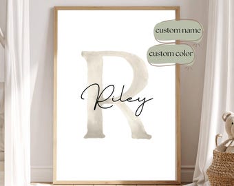 Arte de parede personalizada com inicial em aquarela para quarto de bebê - Download digital