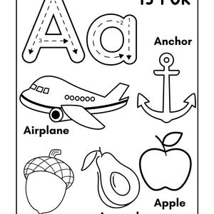 Op de afbeelding: Zwart-wit educatief werkblad met de letter "A" en illustraties van een vliegtuig, anker, eikel, avocado en appel. De woorden "IS FOR" staan bovenaan.