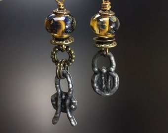 Artisan earrings #25...asymmetrical style, handmade glass beads, boho earrings, Wayne Robbins glass beads and pewter charms by Inviciti.