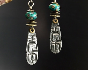 Artisan earrings #43...lampwork glass beads, pewter charms, boho jewelry, aqua glass beads.