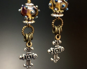 Artisan earrings #16...long earrings, lampwork glass beads, Antiqued silver crosses, boho jewelry, bohemian earrings