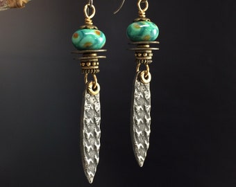 Artisan earrings #22...turquoise glass, dangle earrings, bohemian style, Wayne Robbins glass beads…charms by Inviciti.