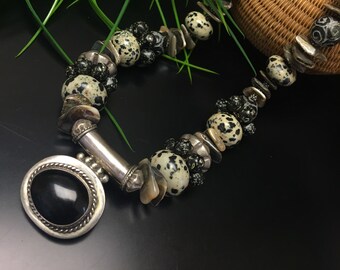 Artisan necklace #2...Chunky, organic, black and white, choker length