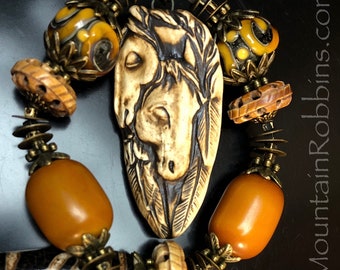 Tribal style necklace, horse necklace, porcelain horse necklace, horse jewelry, porcelain..torch work glass..and African Amber necklace.