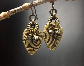 Artisan earrings #46...clay charms, spiral design, faceted pearls