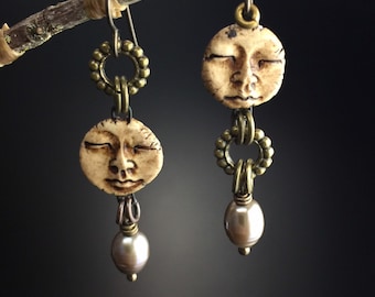 Artisan earring #79....asymmetrical earrings, face earrings, face jewelry, pearl jewelry, eclectic earrings, one of a kind, hand made