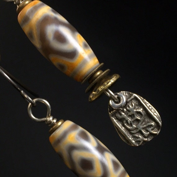 Large Silver Yellow & Green Earrings Glass Bead Tibetan Vintage Style Artisan 