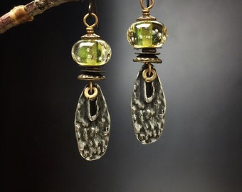 Artisan earrings #49...textured charms, transparent torch work glass beads