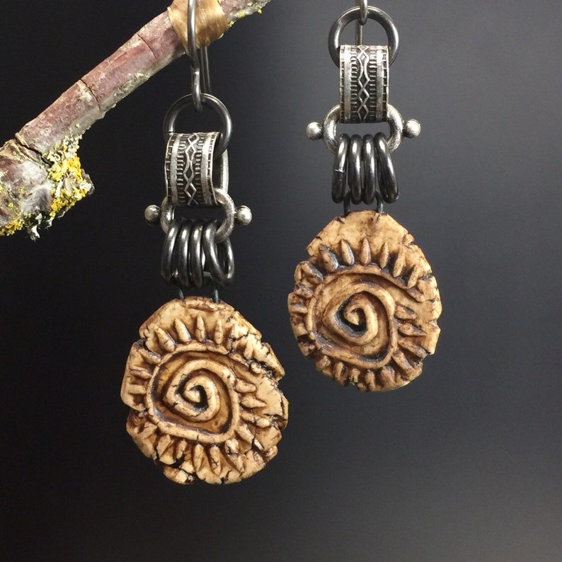 Spiral earrings 51...clay spiral charms, gunmetal links image 2