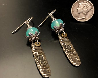 Aqua lampwork glass earrings #14..silvertone findings.