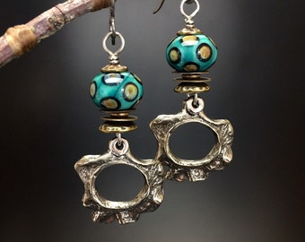 Artisan earring #44...Organic hoop, lotus pod charm, lampwork glass bead, turquoise glass beads