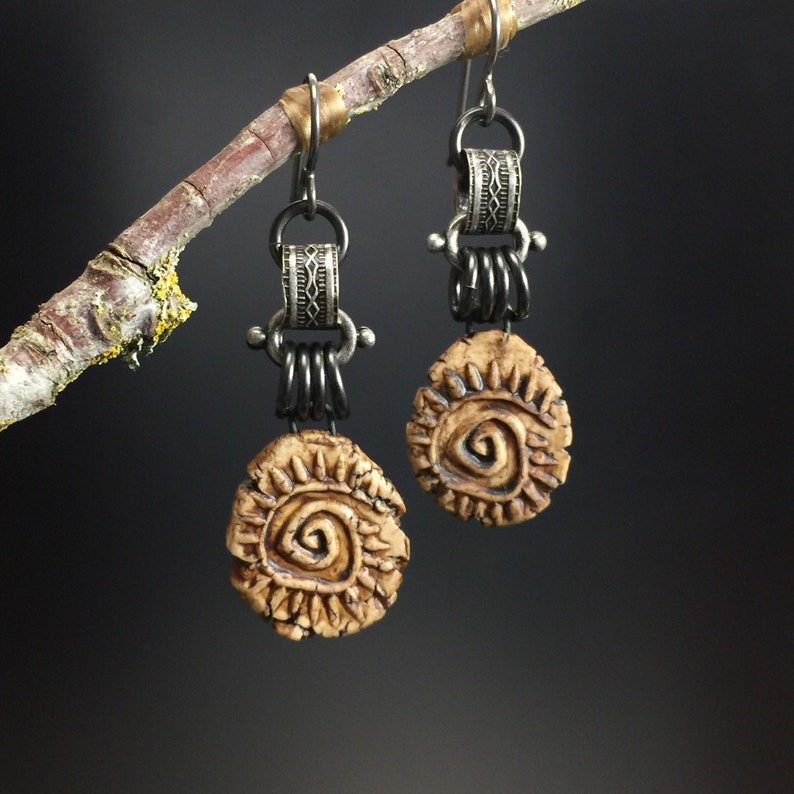 Spiral earrings 51...clay spiral charms, gunmetal links image 4