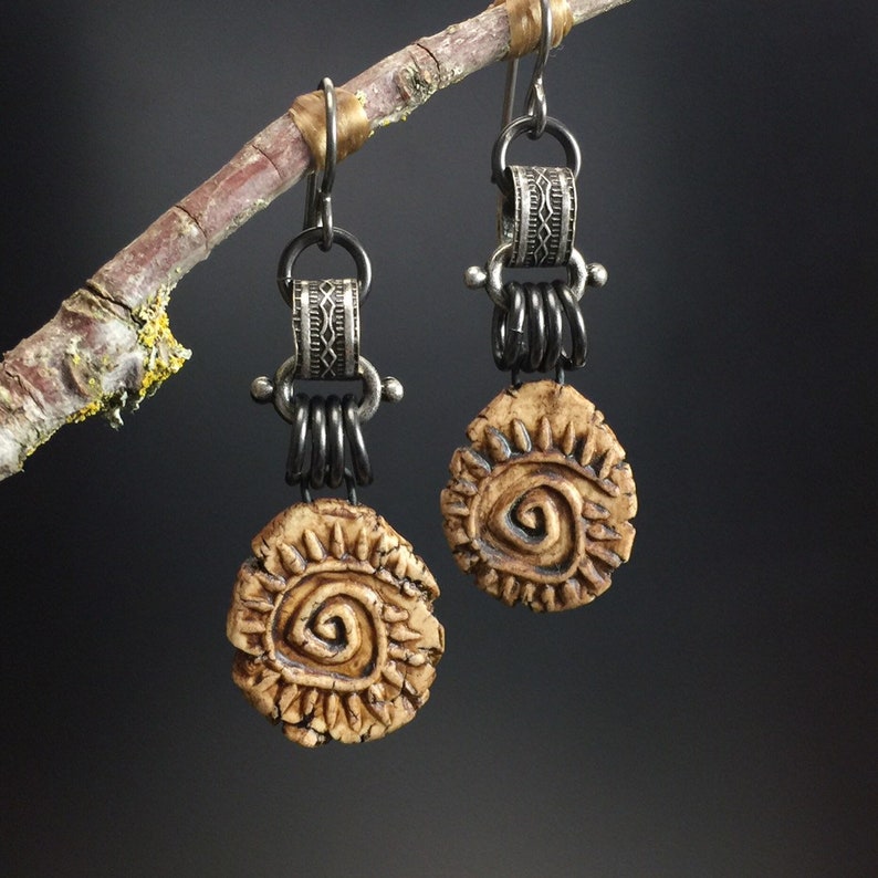 Spiral earrings 51...clay spiral charms, gunmetal links image 6