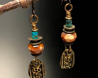 Southwest style earrings #1...Turquoise & Coral.. bronze charm..Southwest design jewelry.. Bronze and turquoisee Jewelry,