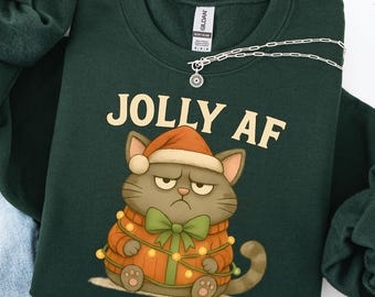 Sudadera navideña Gildan 18000 Jolly AF Grumpy Cat, divertida y divertida, con gráficos de humor navideño, acogedor suéter de cuello redondo para amantes de los gatos, regalo de Navidad.