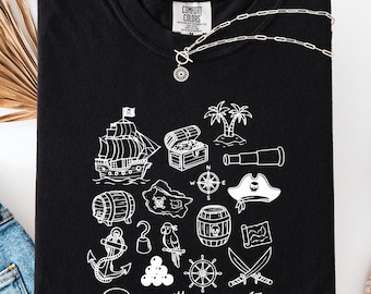 funny pirate shirt doodle graphic tee pirate lover gift cute nautical shirt ocean theme top pirate outfit idea