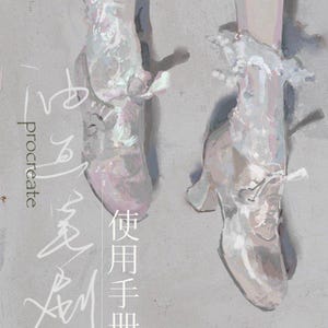 May include: A digital illustration of two feet wearing light-coloured, lace-up shoes with ruffled white socks. The artwork features white Chinese characters and the text "procreate" and "oil paintbrush for procreate" on a muted grey background.